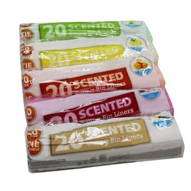 Pack of 100, Fragranced Swing Bin Liners with Tie Handles, 20 Orange, 20 Lemon, 20 Vanilla, 20 Rose 20 Apple, Scented Rubbish Bags, 50L Capacity