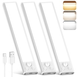 10 Inch Under Cabinet Lights, 2200mAh Rechargeable Battery Operated Motion Sensor Lights Indoor, Wireless Dimmable Closet Lights, 3 Color Under Counter Magnetic Night Lights for Kitchen, Stair, 3-Pack