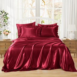 Homiest Ruffled Satin Sheets Twin Size 4pc Set - Burgundy Bed Sheet Set with 15 Inch Deep Pocket Fitted Sheet, 1 Flat Sheet, 1 Ruffled Pillow Shams & 1 Pillowcases, Similar to Silk Sheets
