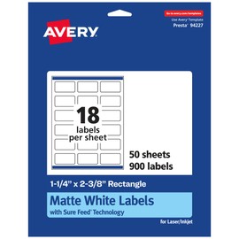 Avery Matte White Rectangle Labels with Sure Feed, 1-1/4" x 2-3/8", 900 Matte White Printable Labels