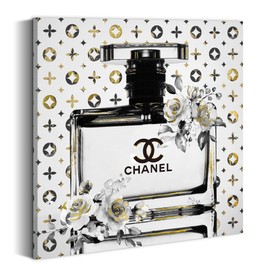 summer melody Perfume Bottles Canvas Wall Art Chic & Trendy Floral Theme Decorative Painting 24"x24" Black and White Fashion Picture Modern Artwork for Girl’s Room Bedroom Makeup Room