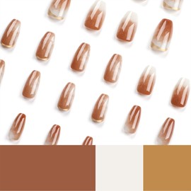 Short Press on Nails Coffin Fake Nails Brown Nails Press ons Ombre Glue on Nails Glossy Acrylic Nails Daily Wear Simple False Nails Artificial Stick on Nails for Women 24Pcs