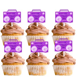 18pcs Purple Glitter Retro Radio Dessert Cupcake Topper Retro Throwback 80s 90s Let’s Glow Crazy Party Theme Decor Supplies Boys Girls Happy Birthday Weeding Anniversary Party Decorations