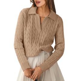ANRABESS Womens Cable Knit Sweaters Long Sleeve V Neck Sweater Tops Casual Pullover Polo Shirts 2024 Fall Fashion Outfits Khaki M