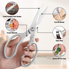 Kitchen Scissors for Food Heavy Duty, All-Purpose Kitchen Shears Dishwasher Safe, Upgraded Thickened Steel Poultry Shears Cooking Scissors Food Scissors for Meat, Fish, Chicken, Vegetable (Silver)