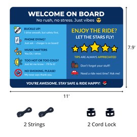 Funny Rideshare Car Sign – Welcome On Board For Backseat Passenger Message – Car Rating Reminder & Tip Encouragement – Waterproof Hanging Info Board with Icons – 11x7.8in (Blue)