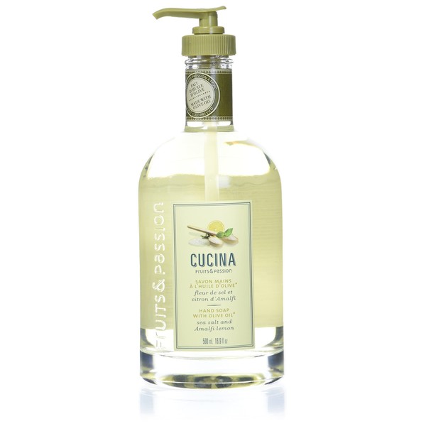 Fruits & Passion [Cucina] Sea Salt & Amalfi Lemon - Luxury Hand Soap with Olive Oil (16.9 fl oz) - Liquid Hand Wash with Glass Soap Dispenser