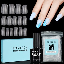 TOMICCA Artificial Nail Tips for Gel Nails Gel Nails Ballerina Short Nail Tips with Glue Set, 150 Pieces Soft Gel Full Cover Nail Tips, Professional Salon Quality - 15 Sizes