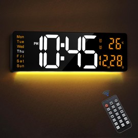 Mee 2ou 16" Large LED Digital Wall Clock with Date and Day of Week, Temperature, Dual Alarm & 9 RGB Color Night Light Timer Countdown for Living Room, Bedroom, Desk, Wall Mounted, Gift for Seniors