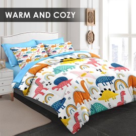 Pamnest Comforter Set Queen Size, Wildlife Cartoon Dinosaur 7 Pcs Bedding for Kids and Adults, Nursery Rainbow Baby Dino Bed Sheet Sets with Fitted Sheet 2 Pillowcases & 2 Shams