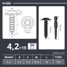 Dayalo Pack of 50 self-tapping screws, 4.2 x 19 mm, black, stainless steel flat head with disc Torx screws, self-tapping screws, drilling screws, wood screws, lens head, fully threaded, with drill