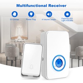 【No Battery Required】 Wireless Doorbell Waterproof, AURTEC Door Chime Kit with 2 Plug-in LED Flash Receivers & 1 Press Self-Powered Transmitter, 51 Chimes, 4 Volume Levels, White