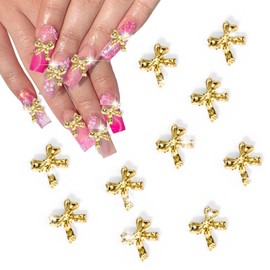 Vodolo 10pcs Bow Gold Nail Charms for Nails Accessories,3D Metal Nail Charms for Nails Design Nail Art Supplies Professional for Women Nails Decoration DIY Craft Making
