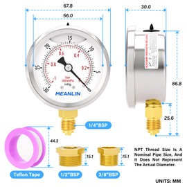 MEANLIN MEASURE -30~0Psi/-1~0Bar Glycerin Filled Vacuum Pressure Gauge, Stainless Steel 1/4" BSP 2.5" FACE DIAL Lower Mount, with 1/4" x 1/2" BSP and 1/4" x 3/8" BSP Hex Bushing