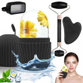 Toketa Kit de Belleza Facial 4 en 1 con Ice Roller, Rodillo Facial de Jade, Gua Sha Facial, Molde de Hielo de Silicona Reutilizable y Neceser Impermeable, Accesorios para Rutina de Cuidado Facial, Regalo para Mujer