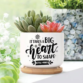 DecStic It Takes A Big Heart to Shape Little Minds Planters Ceramic Positive Quotes Round Plant Pots with Drainage Holes and Bamboo Tray Pot for Indoor Outdoor Garden