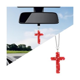 HZEL Bling Car Hanging Ornament, Cross Crystal Rhinestone Vehicle Rear View Mirror Pendant, Diamond Religious Rearview Mirror Decoration Charm, Universal Automotive Interior Accessories (Red)