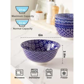 Metahom Ceramic Cereal Bowls, 23 Oz Blue and White Bowls, Porcelain Soup Bowl Set for Salad, Dessert, Pasta, Ice Cream,Set of 6