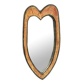 NOVICA Heart Shaped Glass Wood Wall Mounted Mirror, Black and Red, Contours of Love'