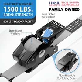 HANDT Retractable Ratchet Straps (2PK) 1in x 6ft - 1,500lb Break Strength, Heavy Duty Tie Down Automatic Self Ratcheting Strap Downs Push Button Retracting for Truck, Trailer, Motorcycle | Gray