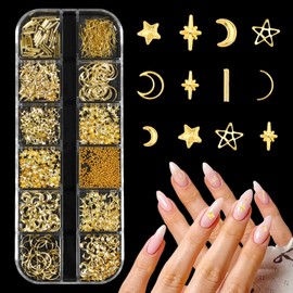 12 Styles Nail Charms 3D Gold Star Moon Mix Nail Decorations DIY Accessories Y2k Rhinestones Jewelry for Nails Art DIY Craft Charms Gems Bulk Nails Chains - Gold