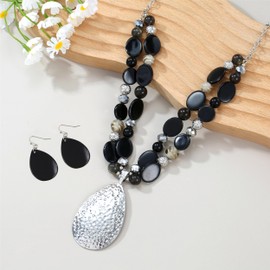 Xalroco Gold/Silver 20‘’+3‘’ Teardrop Pendant Statement Necklace for women Trendy Colorful Crystal Shell Beaded Gemstone Necklaces and Earrings Set Womens Jewelry Gifts (Black)