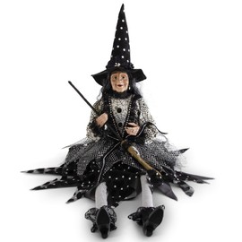 K&K Interiors 41993A 30.75 Inch Sitting Sabrina Witch with Broom & Polka Dot Hat, Black