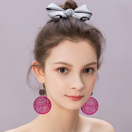 SLSF Bohemian Vintage Hollow Gold Sliver Wooden Lightweight Hook Earrings Heart Teardrop Circle Vacation Mesh Dangle Drop Earrings For Women Jewelry Gifts (Pink Circle)