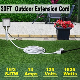 20 Feet Outdoor Waterproof 16AWG 90Degree Flat Plug Extension Cord, White Garden All Weather 16AWG 13Amp 1625Watt Grounded 3Prong SJTW Cord