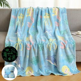 LIFEYJ Glow in The Dark Blanket Mermaid Whale Gifts for Girls, Soft Marine Life Blanket 3 4 5 6 7 8 9 10 Year Old Girl Gifts, Toddler Girls Toys Age 6-8, Gifts for Girls Birthday