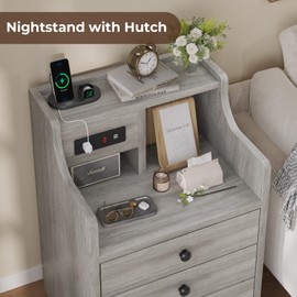 Tiptiper Nightstand with Charging Station, Grey Night Stands with Hutch, 3 Drawers Bedroom End Table Bedside Table with 2 USB Ports & 2 Outlets