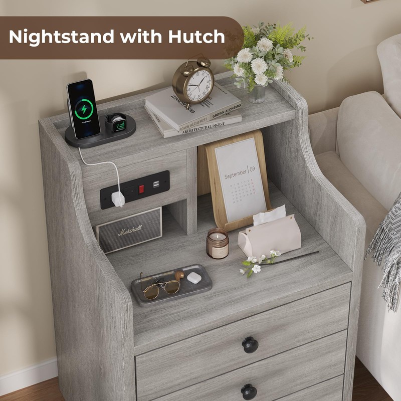Tiptiper Nightstand with Charging Station, Grey Night Stands with Hutch,