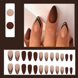 24 Pcs Chestnut Matte Press on Nails Almond - YEFIUO French Short Almond Fake Nails Press ons Nail Tips with Design Full Cover False Nails Glue on Nails Stick on Nails Artificial Acrylic Nail Art Kit