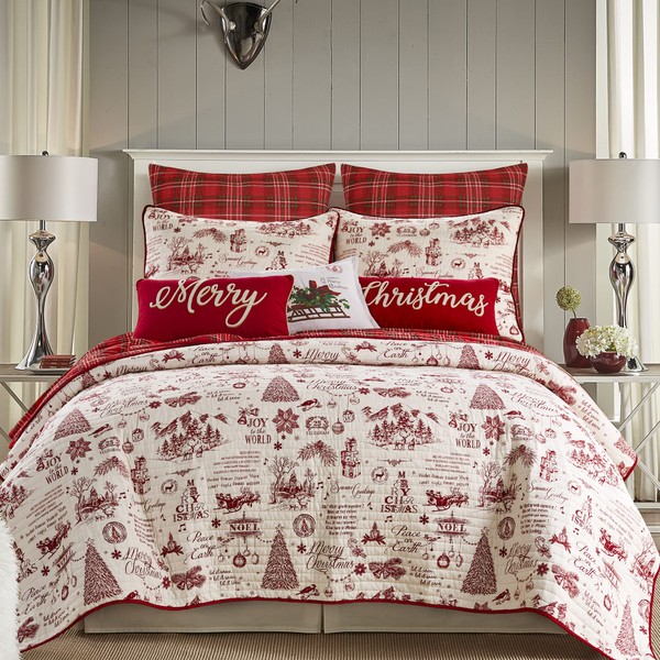 Levtex Home - Yuletide Quilt Set - King/Cal King Holiday Quilt 106x92 and Two King Pillow Shams 36x20 - Christmas Holiday Script - Red and Cream - Reversible - Cotton