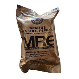 Genuine USGI Individual MRE [Meal, Ready to Eat] Inspection Date 01/2024 or Newer - You Choose Menu - Complete Ration with Entree, Snacks, Dessert, Drink Mix, Utensils, Condiments and FRH. (#23 Pepperoni Pizza)