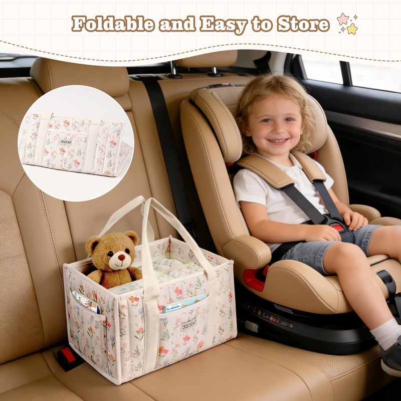 SEISSO Diaper Caddy Organizer with Handle, Portable Baby Gift Basket,