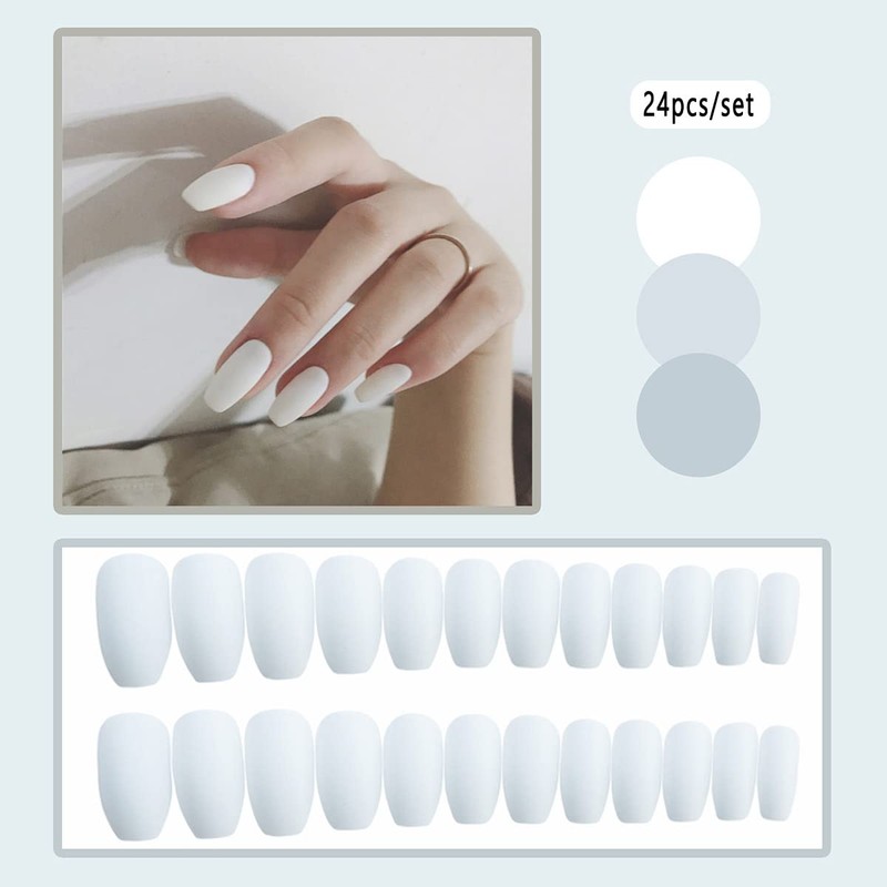 Carufin Pack of 24 White Matte False Nails Sticker Press