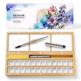 Fuumuui Watercolor Palette Box, Burlywood Palette Kit with Cover, 24 Empty Removable Half-pan Grids, Dual Tip Travel Brushes, for Watercolor Gouache Color Mixing, Pure White Palette for Painting