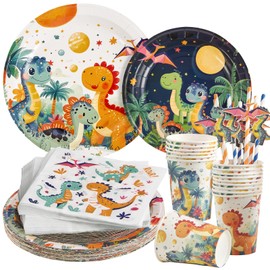 Paper Jazz Dinosaur Birthday Party Decorations for Kid Jurassic Park Decorations Three Rex Birthday Decor for Boy Dino Theme birthday supplies include 120pcs Plate and Paper Towel and Straw.