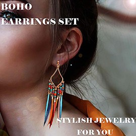 ROINBUILT Women Bohemian Earrings Feather Tassel Ethnic Retro Boho Dangle Earring Colorful Beads Women Teen Girls Jewelry for Birthday Party Gifts (a pair) (i)