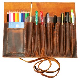 Jaald Genuine Leather Pencil Roll Brush Case Pen Holder Organizer Brushes Ruler Stationary Pouch Gift for Students Artist Painter & Writer String Closure Vintage