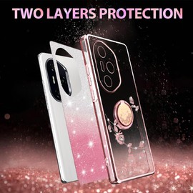 YUECXIN Glitter Case for Honor 400 Pro, Bling Shiny diamond Sparkle Design Women Girls Cover, Ultra Thin Shockproof Flowers Ring Stand Soft Transparent Case, Pink