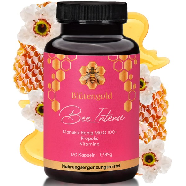 Bee Intense Propolis + Manuka Honey Capsules, 120 Capsules Optimised with B Vitamins and Vitamin C, Ideal for the Immune System, 600 mg per Capsule, Made in Germany