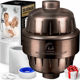 AquaHomeGroup Filtro de ducha de 20 etapas con vitamina C E para agua dura, filtro de agua de ducha de alta salida para quitar el cloro y el flúor, 2 cartuchos incluidos, filtro de cabezal de ducha de flujo de agua consistente