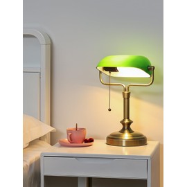 LOFOB Traditional Banker's Desk Lamp with Glass Shade,Pull Chain Switch, LED Bulb Included (Antique Bronze+Green)