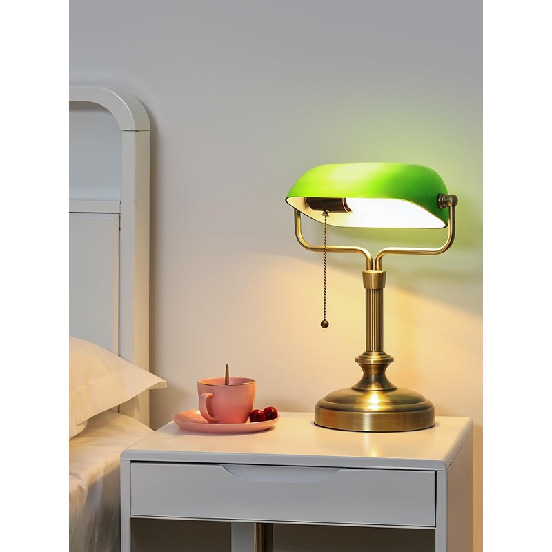 LOFOB Traditional Banker's Desk Lamp with Glass Shade,Pull Chain Switch,