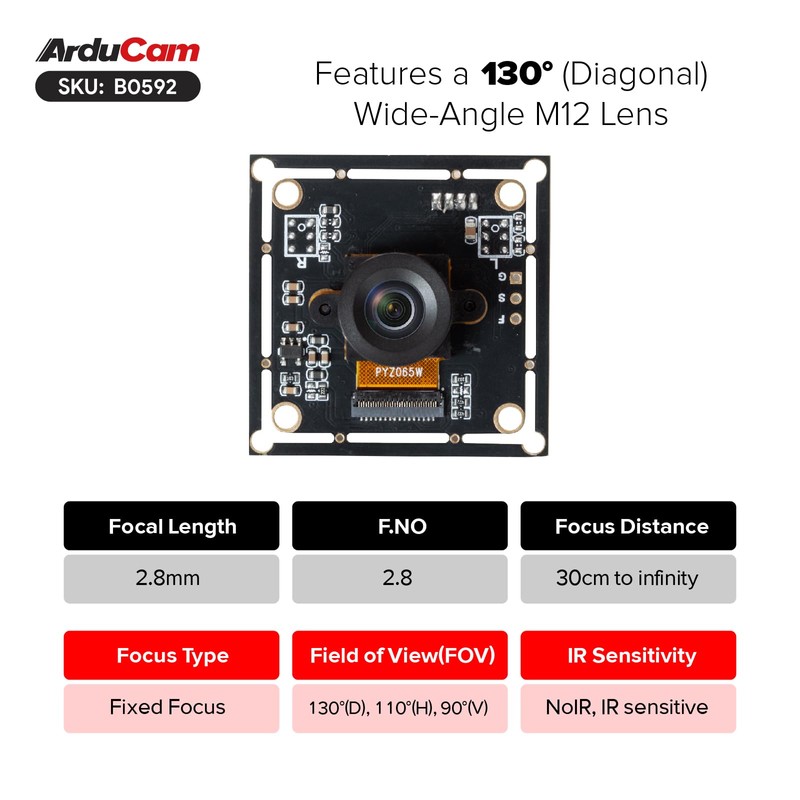 Arducam 120fps Monochrome Global Shutter USB Camera Module, 800P High