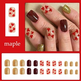 Fall Press on Nails Short Square Fake Nails Autumn False Nail with Red Maple Leaves Design Brown Solid Color Gold Glitter Glue on Nails Full Cover Acrylic Nails for Women Girls DIY Fall Nail Art,24Pcs