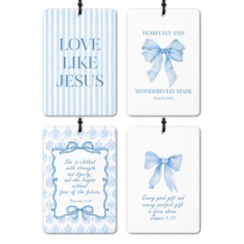 DEQSX Blue Preppy Christian Car Air Freshener 4 Pcs, Coquette Blue Bow Inspirational Bible Verse Hanging Air Freshener for Cars Closet Drawer Books, Christian Girly Car Accessories for Women