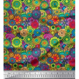 Soimoi Cotton Canvas Fabric Colorful Flowers Clip Art Decor Fabric Printed metre 56 Inch Wide